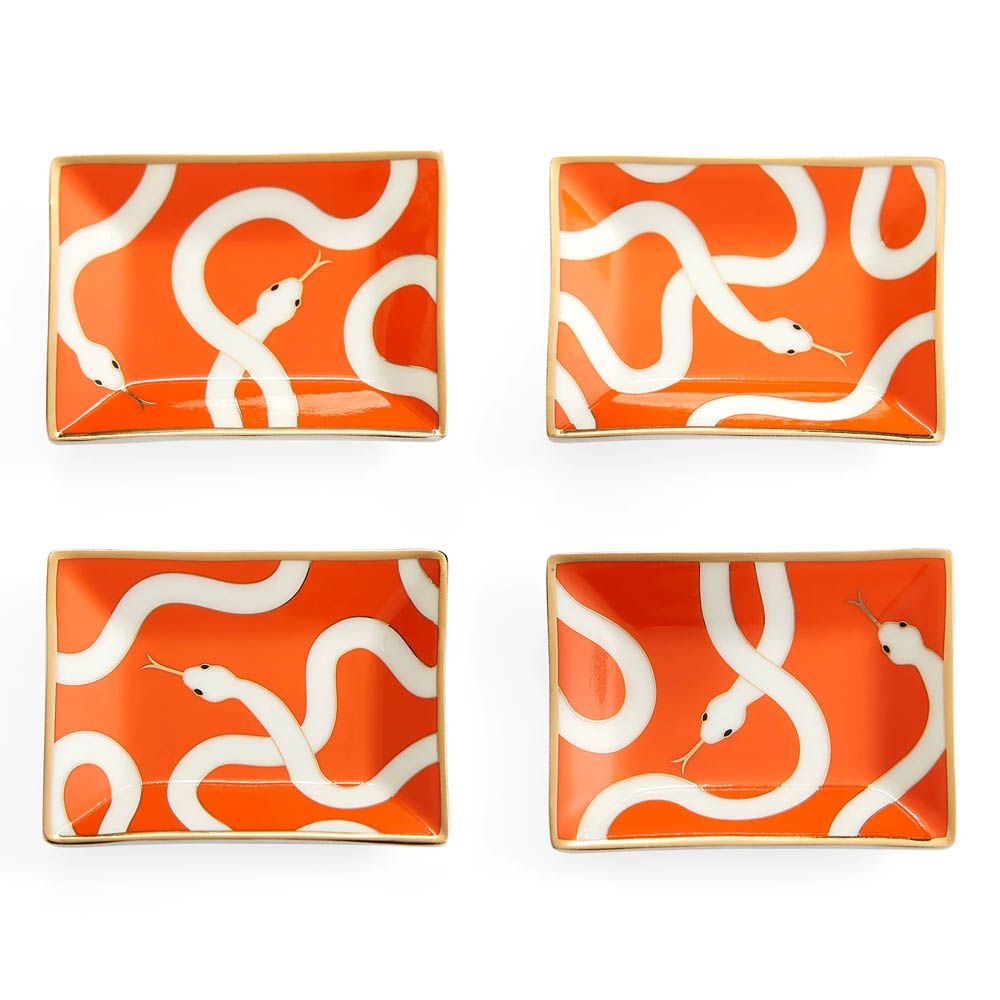 Orange set of 4 trays with white snakes