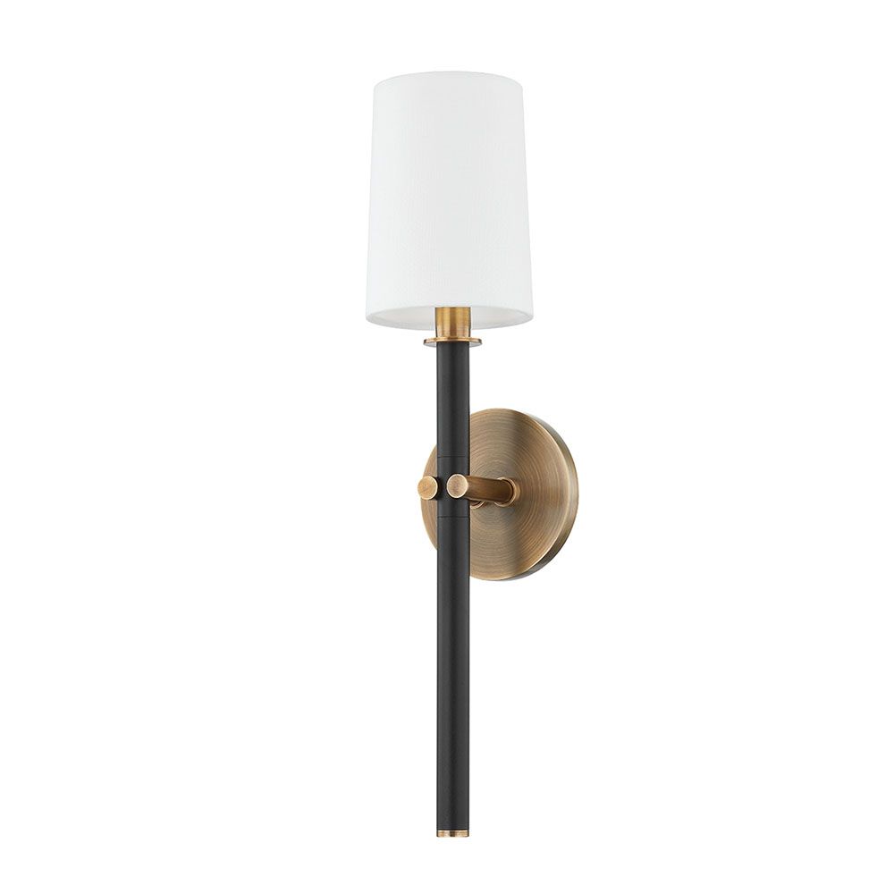 Wall scone with a white shade and black/brass fitting