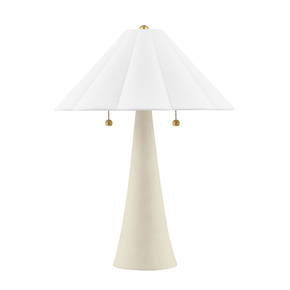 Side lamp with beige base, shelled shaped shade and gold accents 