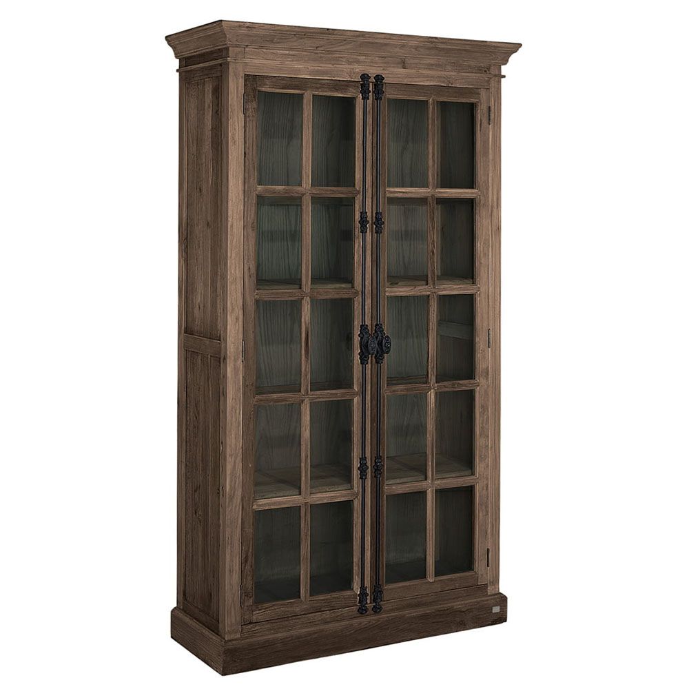 Rustic brown cabinet with panelled glass doors