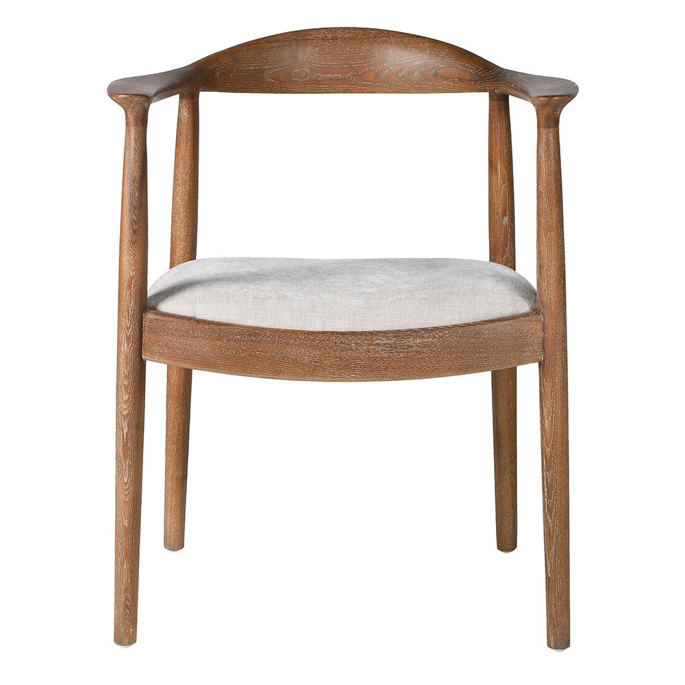 Wooden frame dining chair with curved design and white upholstered seat