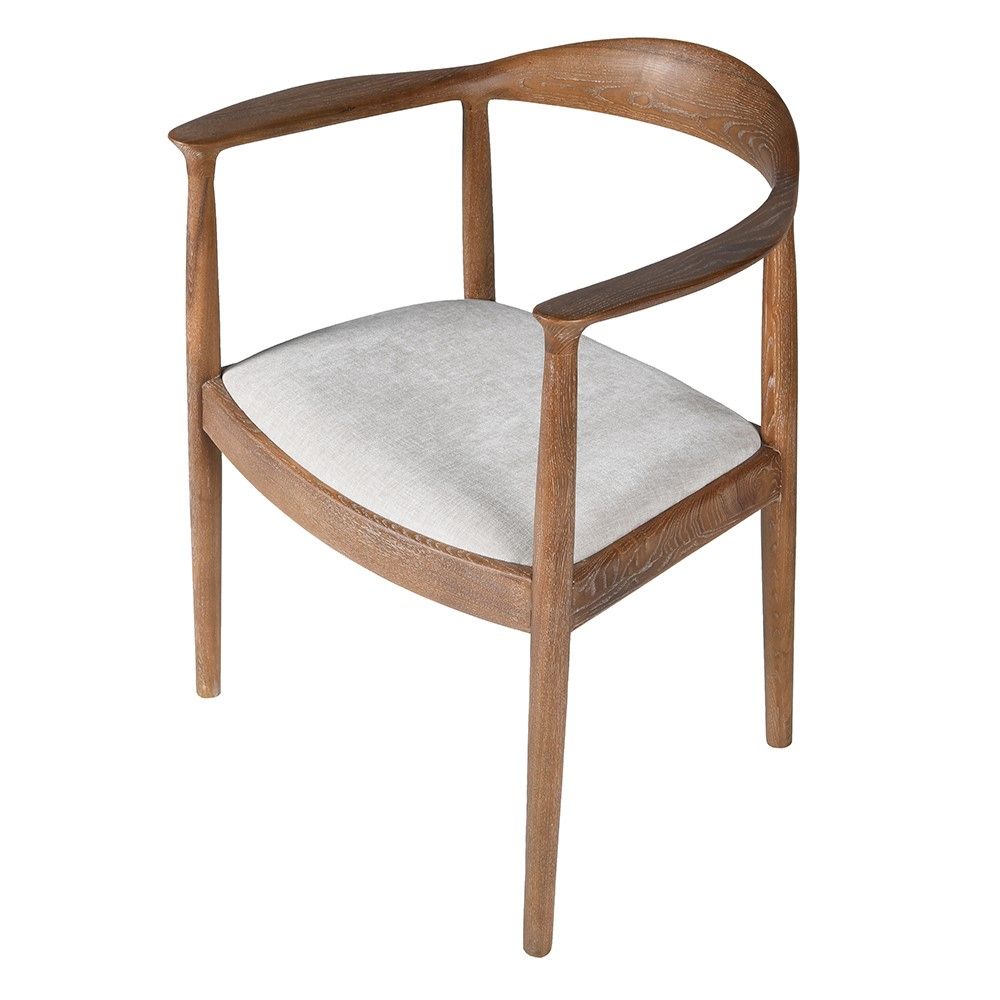 Wooden frame dining chair with curved design and white upholstered seat