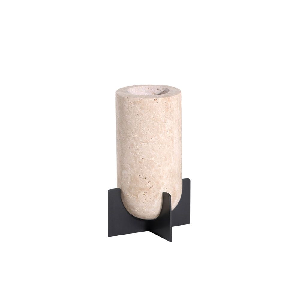 Beige travertine vase with black base