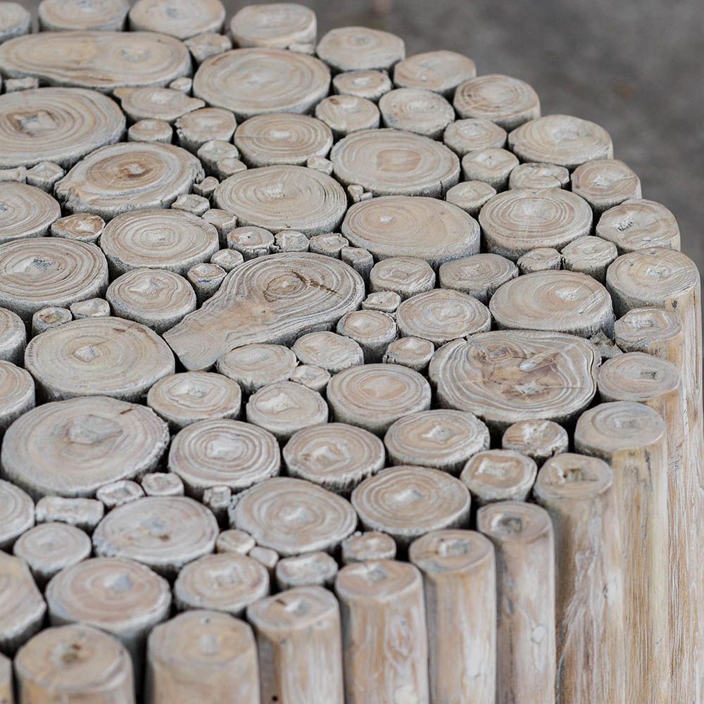 Side table crafted from natural teak wood pieces
