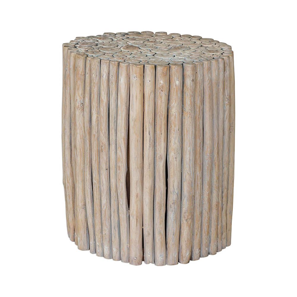 Side table crafted from natural teak wood pieces