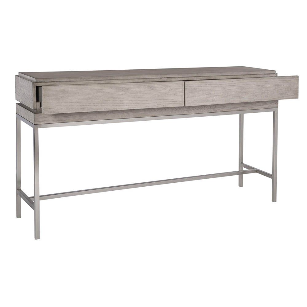 Sleek, corporate console table with two drawers and nickel-finished legs