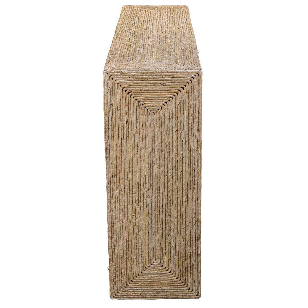A stylish console table by Uttermost with an open airy centre and natural woven finish