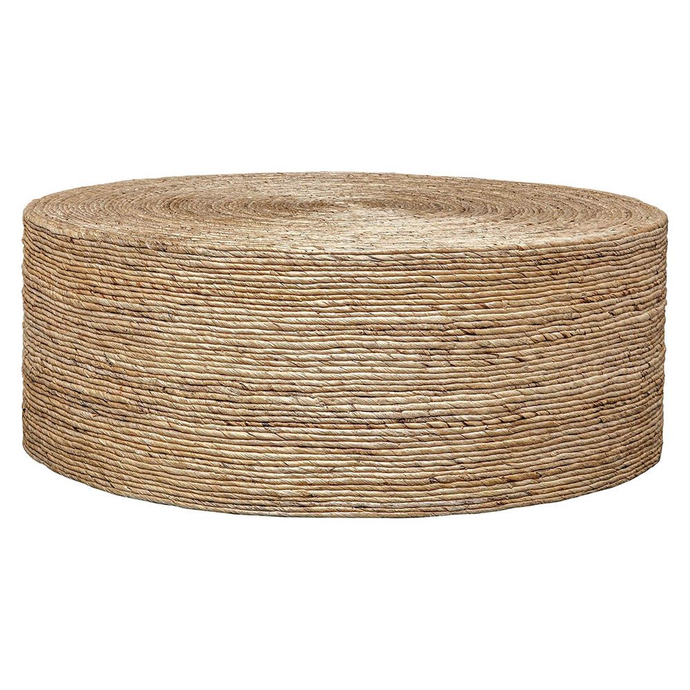 Round coffee table covered in natural rope weave