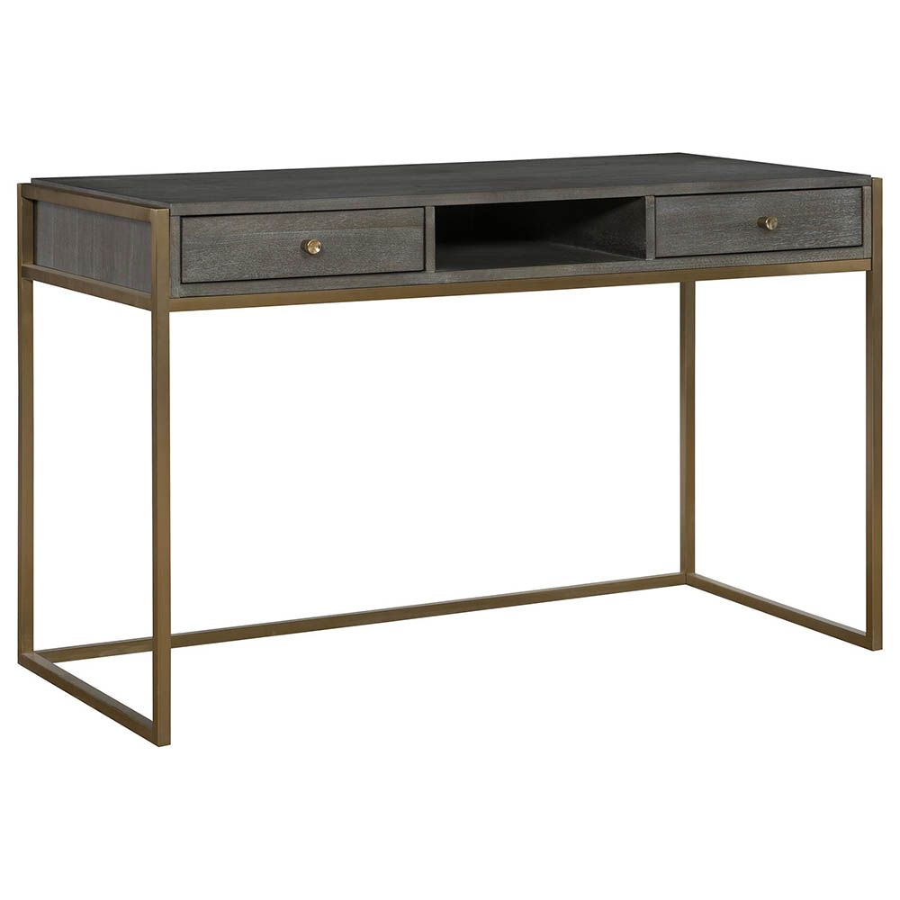 Elegant minimal desk with antiqued brass legs and two drawers with hollow shelf