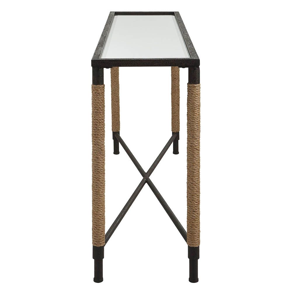 textured, bronze-like frame with wrapped rope legs and mirrored top