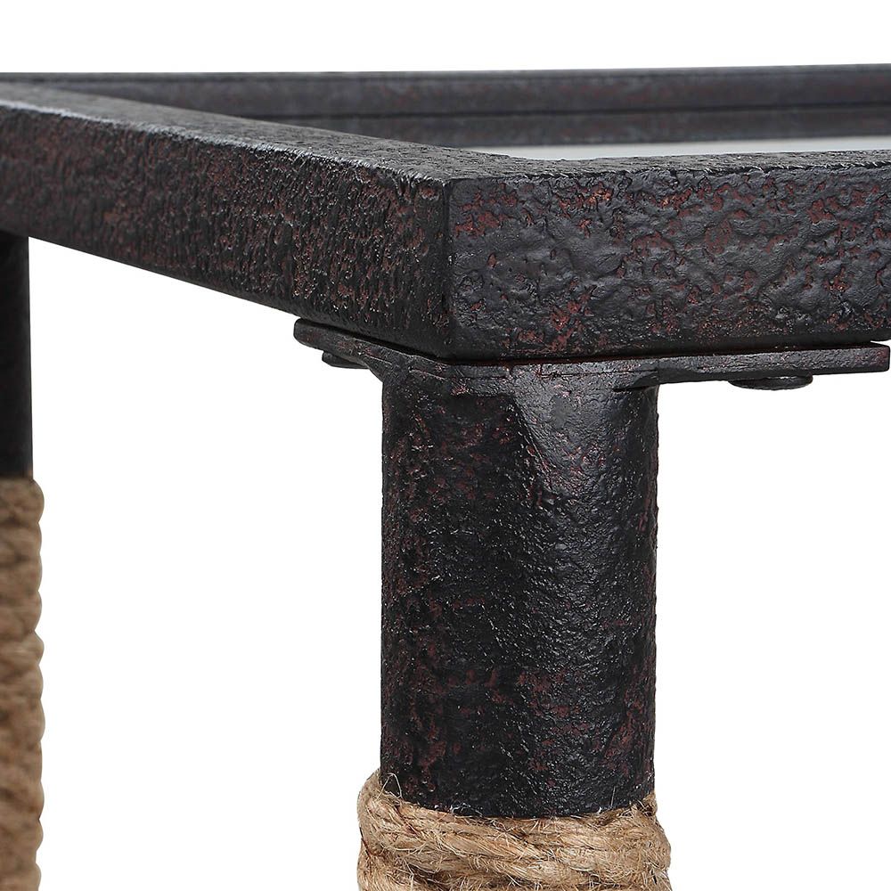 textured, bronze-like frame with wrapped rope legs and mirrored top