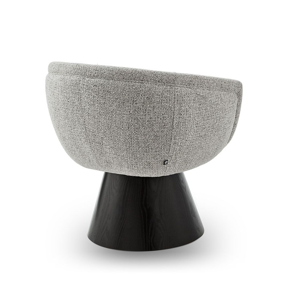 A captivating occasional chair with a gorgeous grey upholstery and cone base