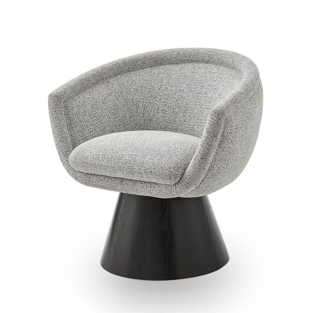A captivating occasional chair with a gorgeous grey upholstery and cone base