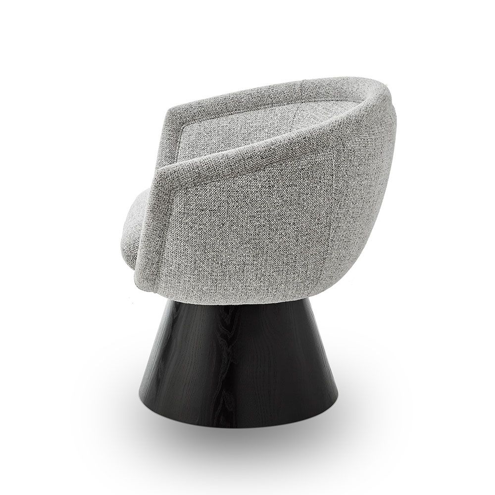 A captivating occasional chair with a gorgeous grey upholstery and cone base