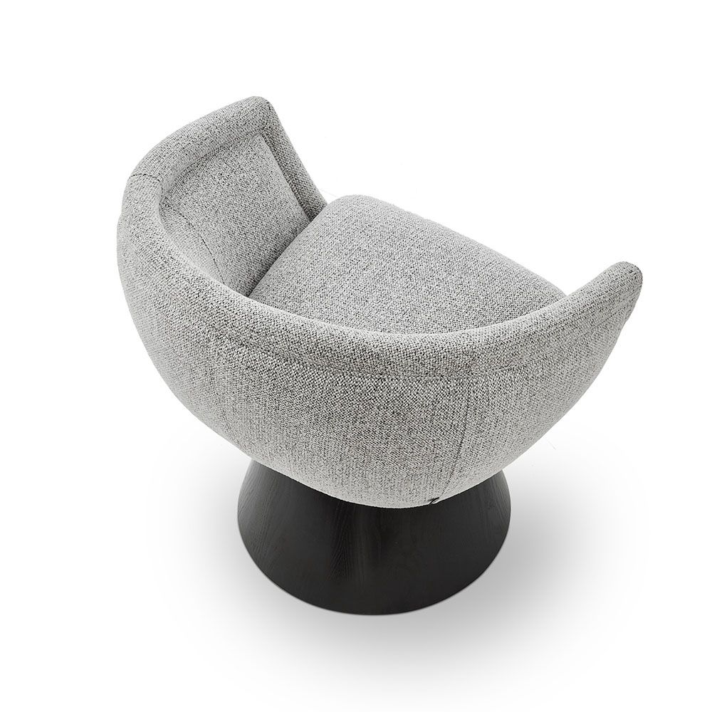 A captivating occasional chair with a gorgeous grey upholstery and cone base
