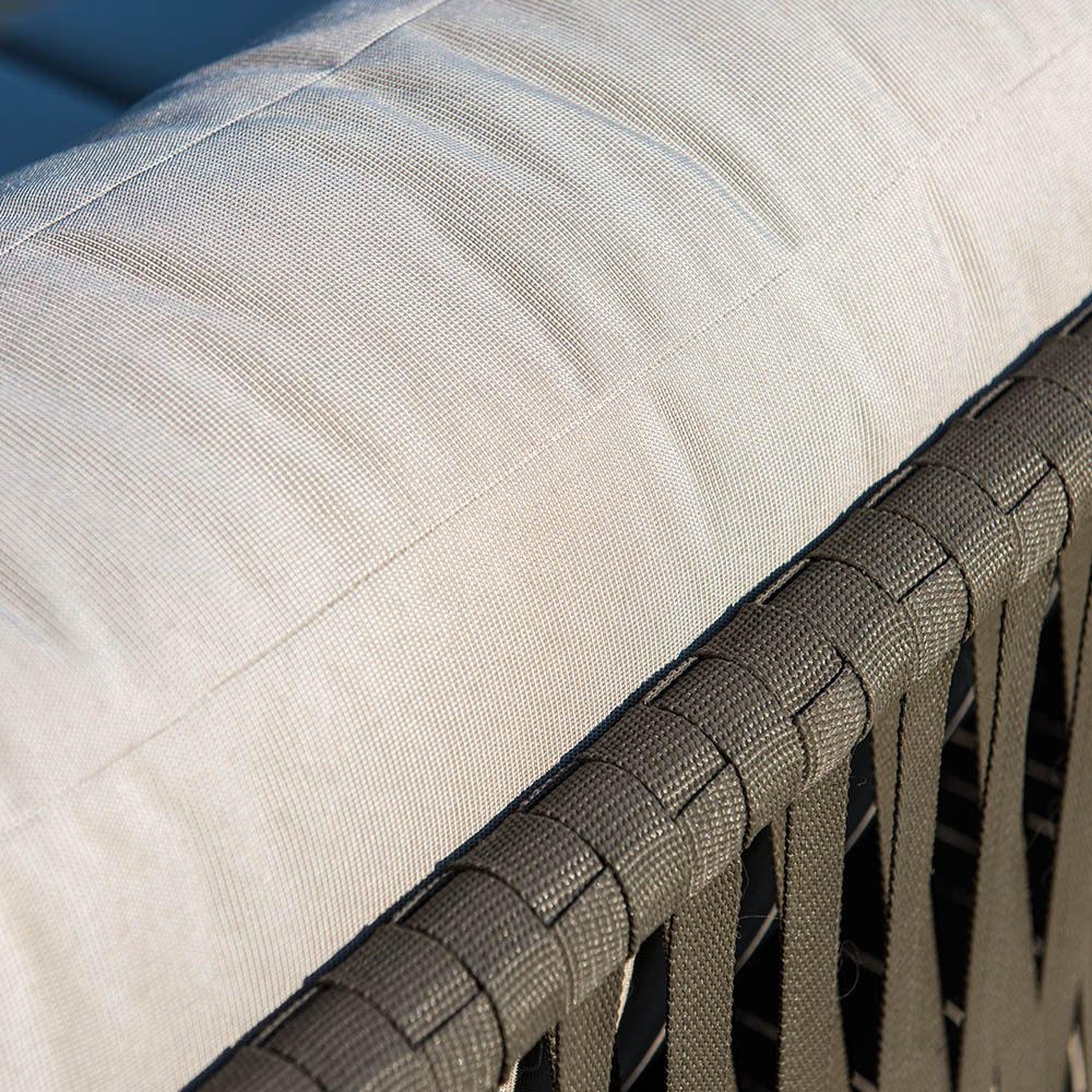 A luxury outdoor love seat from Willow's Outdoor collection with bespoke sunbrella upholstery
