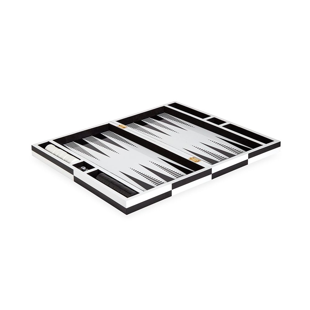 A luxury, monochrome backgammon set by Jonathan Adler with a high-contrast, luxe lacquer and velvet lining