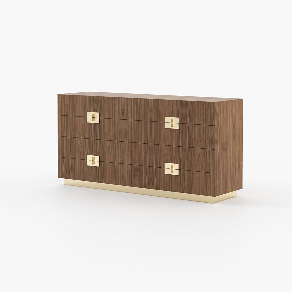 A luxurious walnut matte chest of drawers with golden accent
