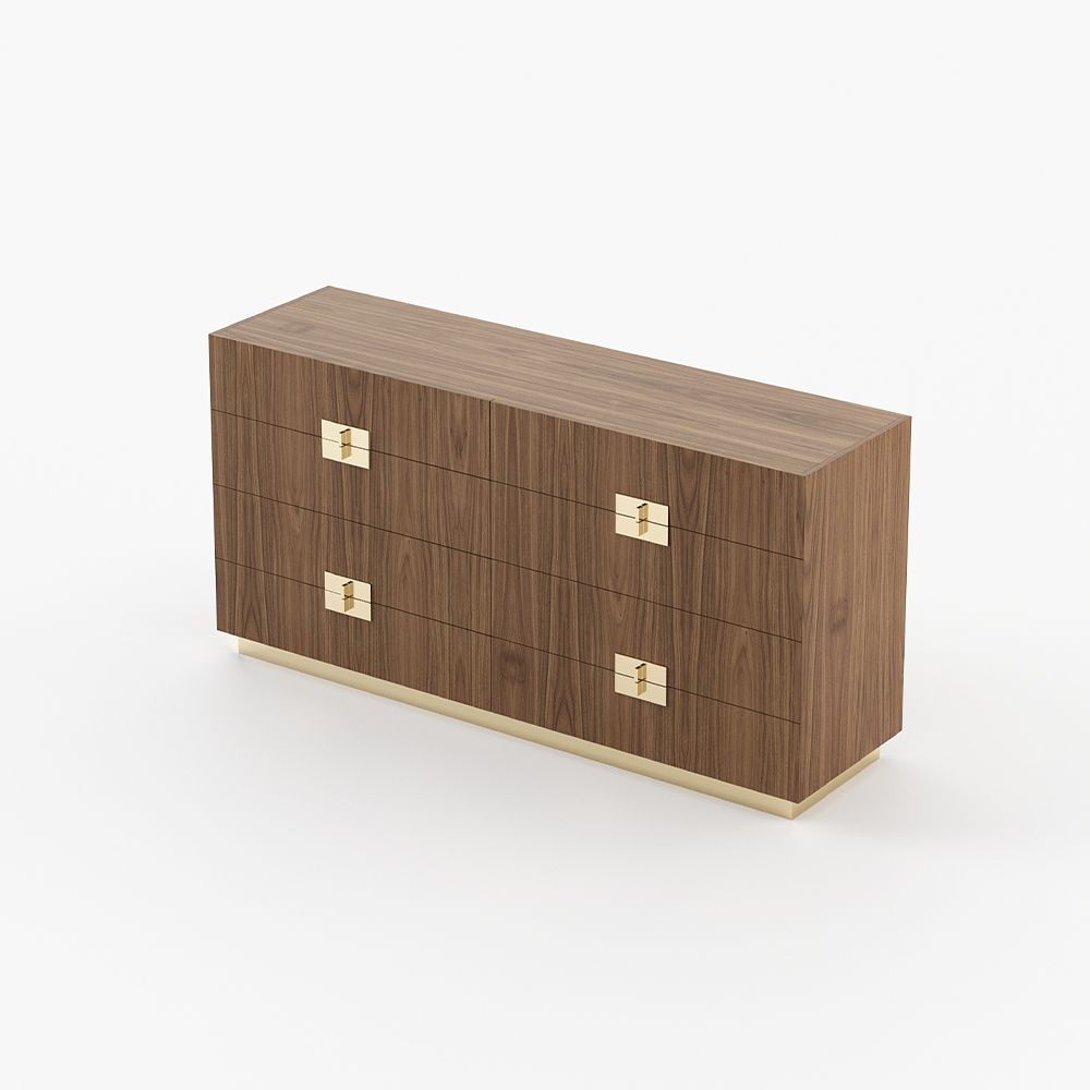 A luxurious walnut matte chest of drawers with golden accent