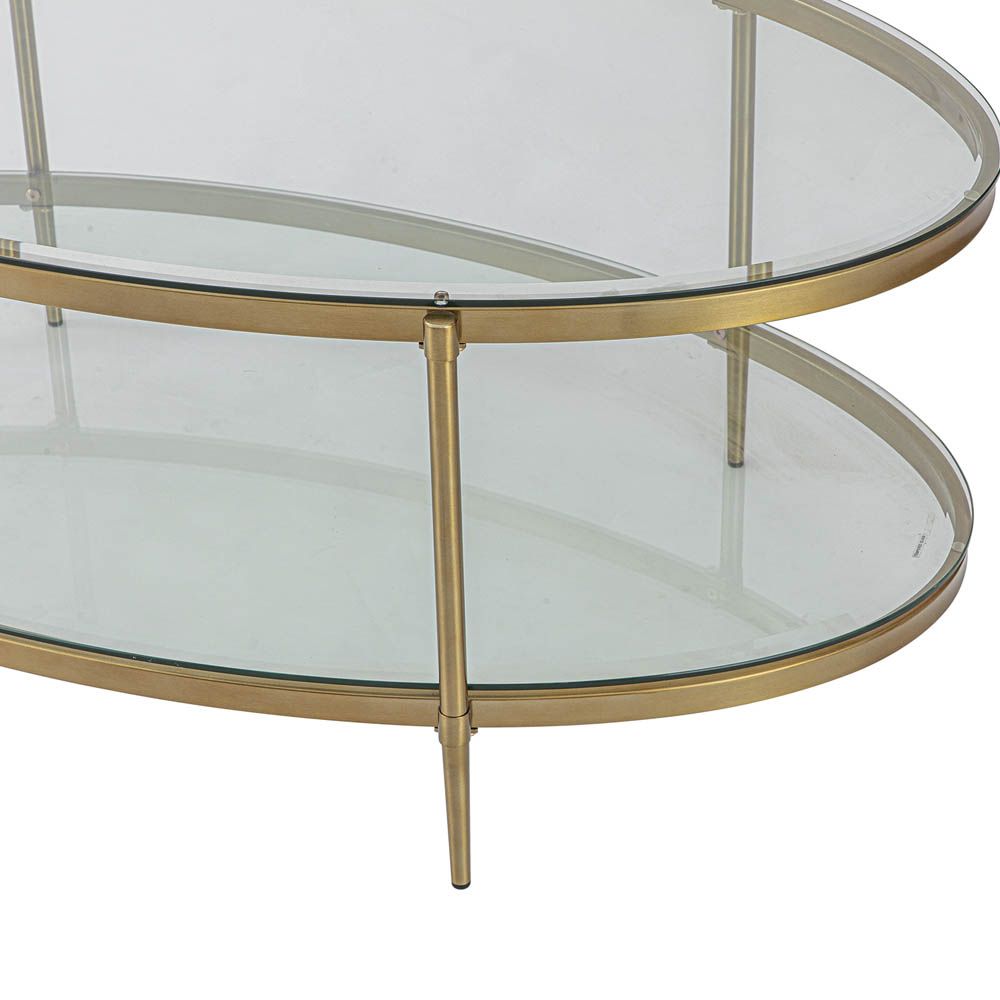 Two tiered coffee table with brass frame and glass shelves
