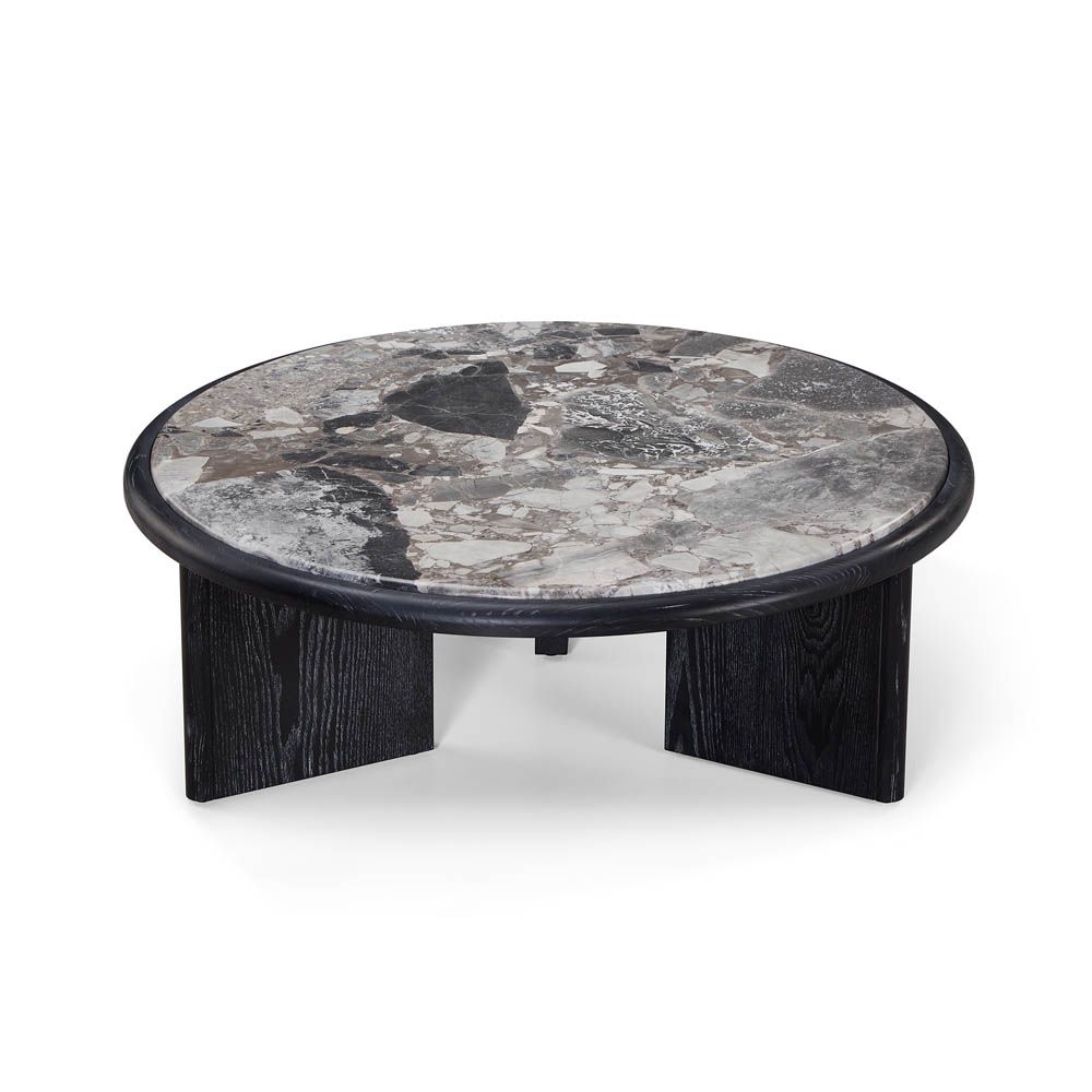 Round coffee table with grey marble top and matte black ash veneer base
