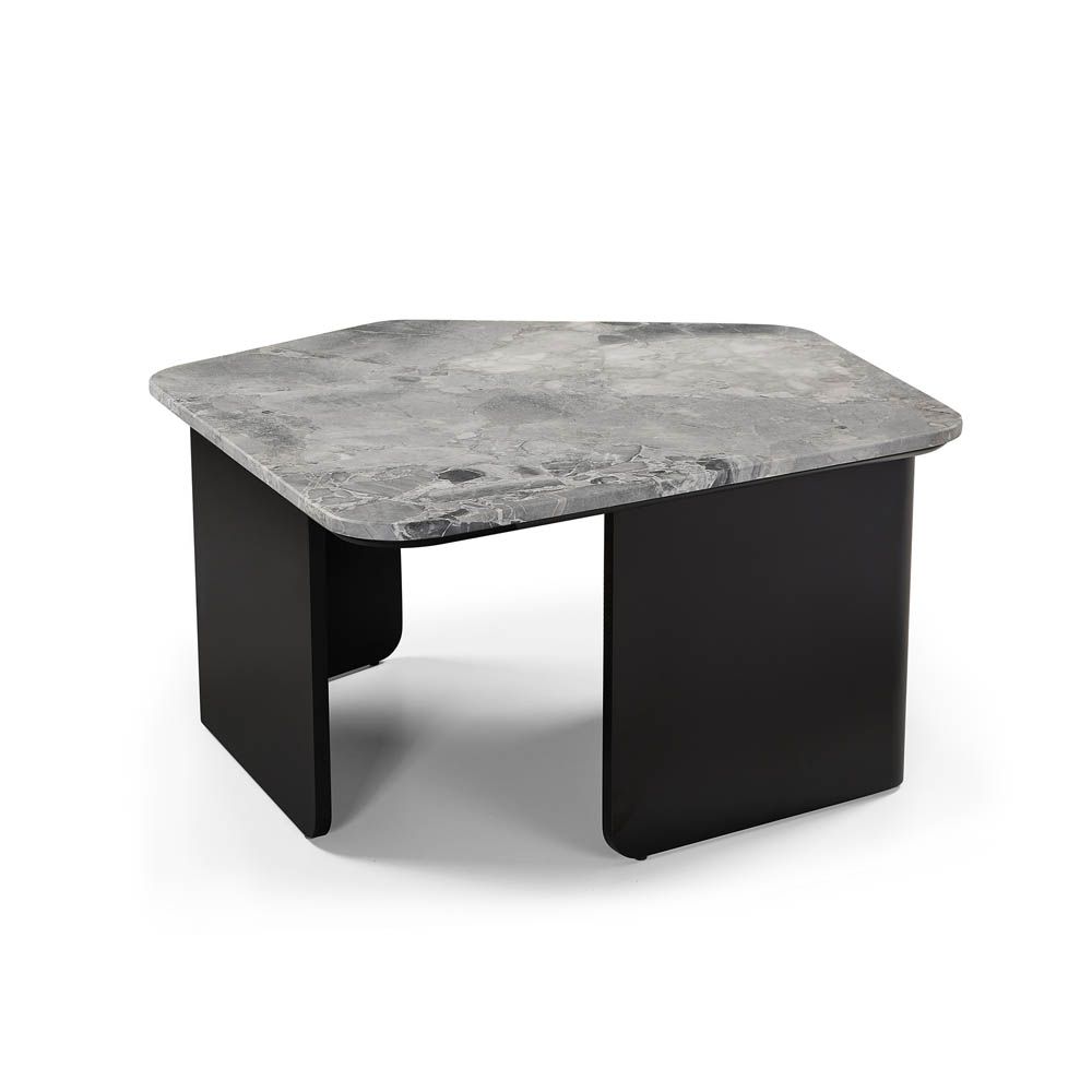 Pentagonal-shaped grey marble top coffee table with matte black legs