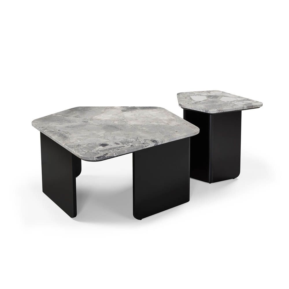 Pentagonal-shaped grey marble top coffee table with matte black legs