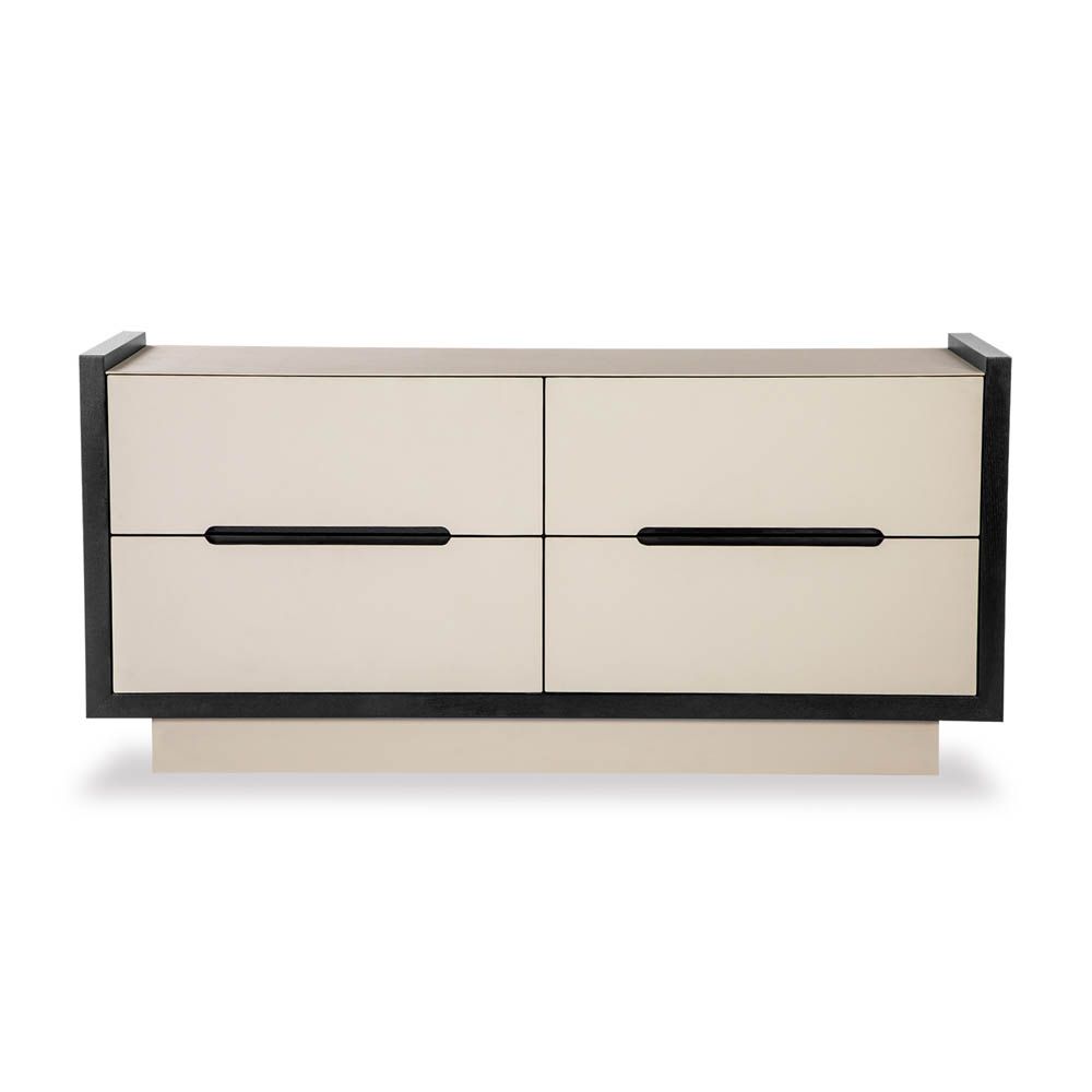 Modern cream coloured chest of drawers with leather front and matte black edges