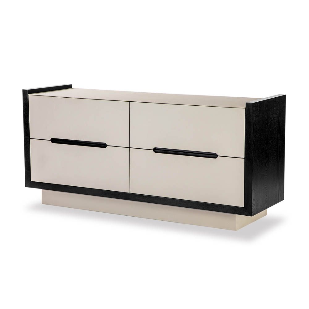 Modern cream coloured chest of drawers with leather front and matte black edges