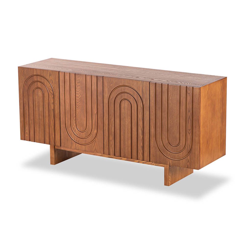 Warm brown sideboard with bronze inlay arch details