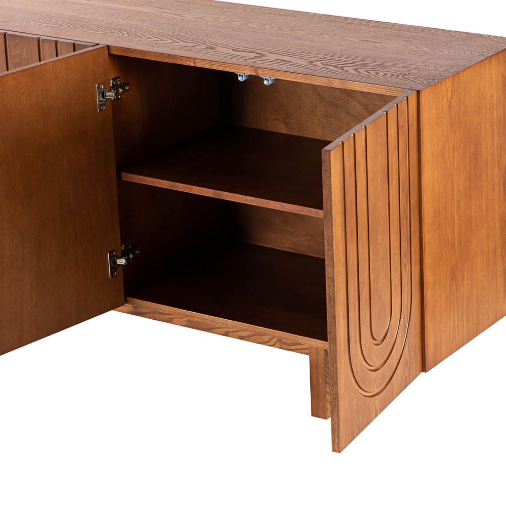 Warm brown sideboard with bronze inlay arch details