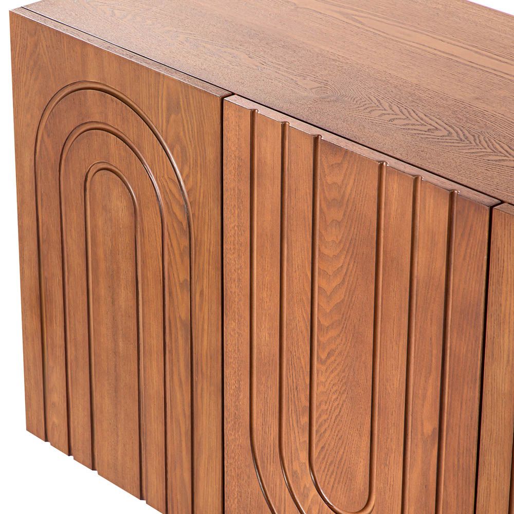 Warm brown sideboard with bronze inlay arch details