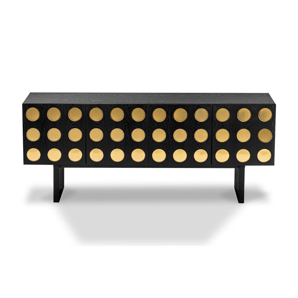 art deco sideboard with repeated geometric circular patterns accented in brushed brass