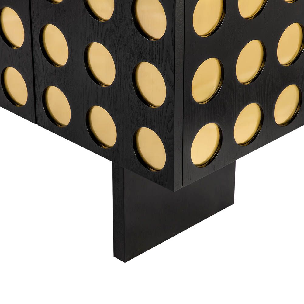 art deco sideboard with repeated geometric circular patterns accented in brushed brass