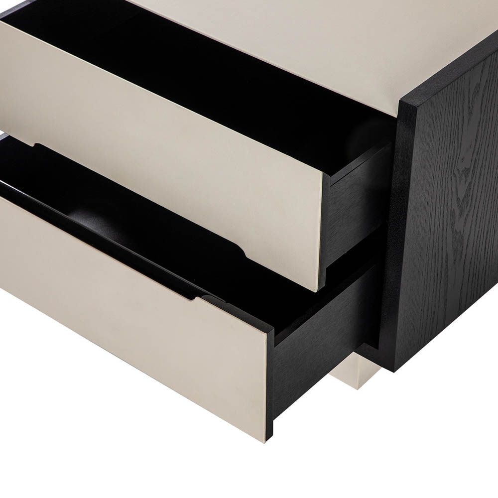 Neutral leather finish two-drawer bedside table with black contrast edges