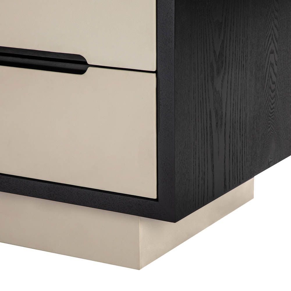 Neutral leather finish two-drawer bedside table with black contrast edges