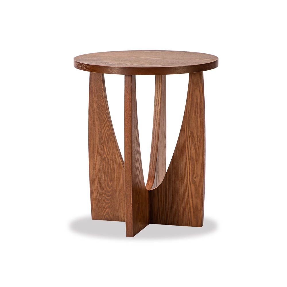 Classic mid-century silhouette side table with curve cut out legs and round top in warm brown wood finish