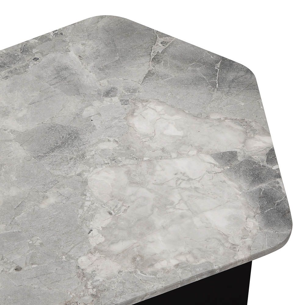 Italian Oreo Grey marble top side table with pentagonal shape and wide black legs