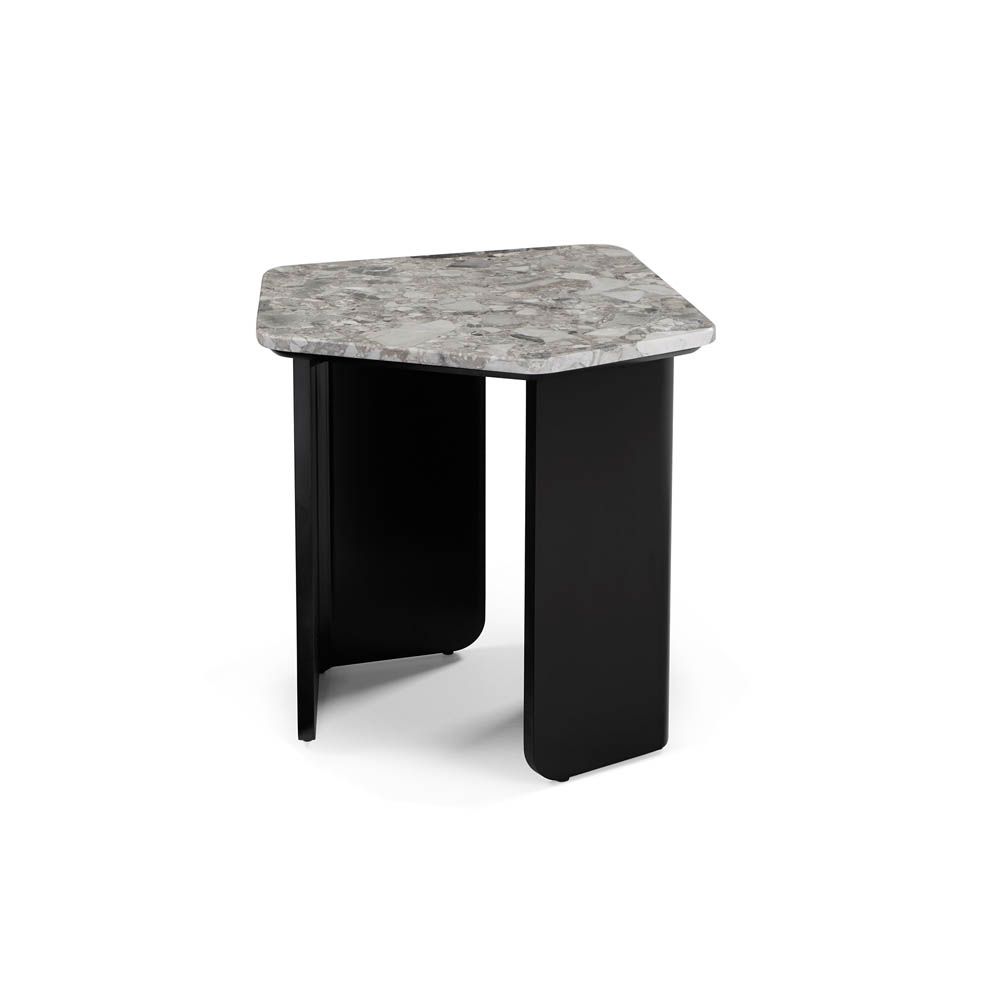 Italian Oreo Grey marble top side table with pentagonal shape and wide black legs