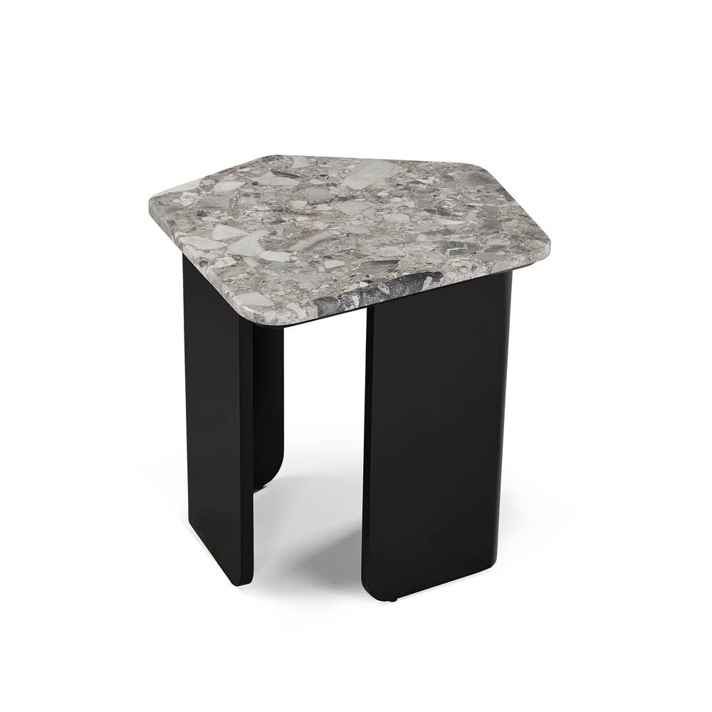 Italian Oreo Grey marble top side table with pentagonal shape and wide black legs