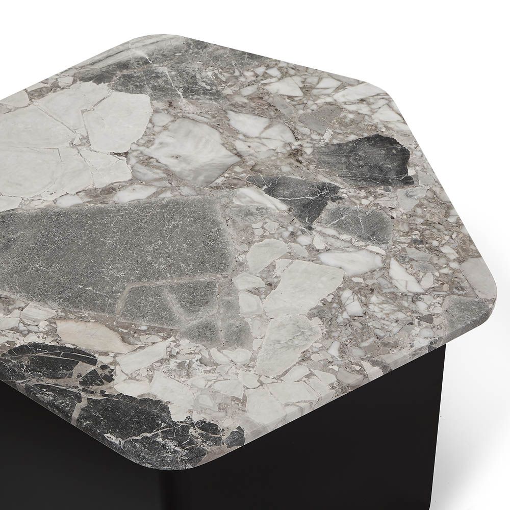 Italian Oreo Grey marble top side table with pentagonal shape and wide black legs