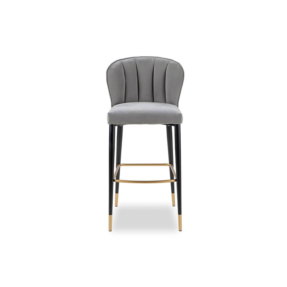 Art-deco inspired bar stool in grey velvet with fluting details and brass accents