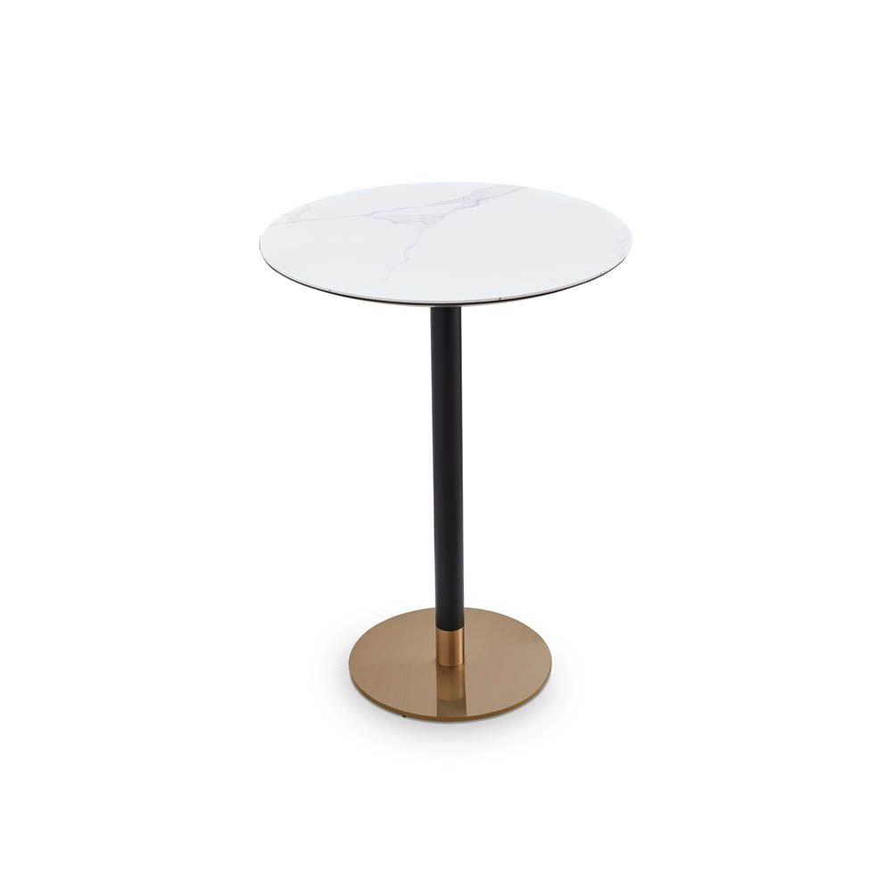 White marble top bar table with brass element at the base