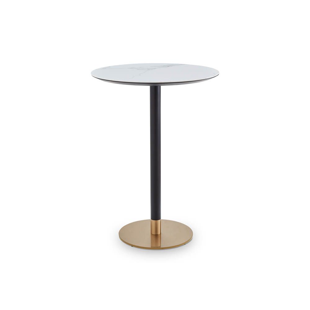 White marble top bar table with brass element at the base