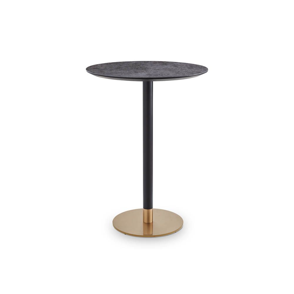 Textured black round top bar table with brass base