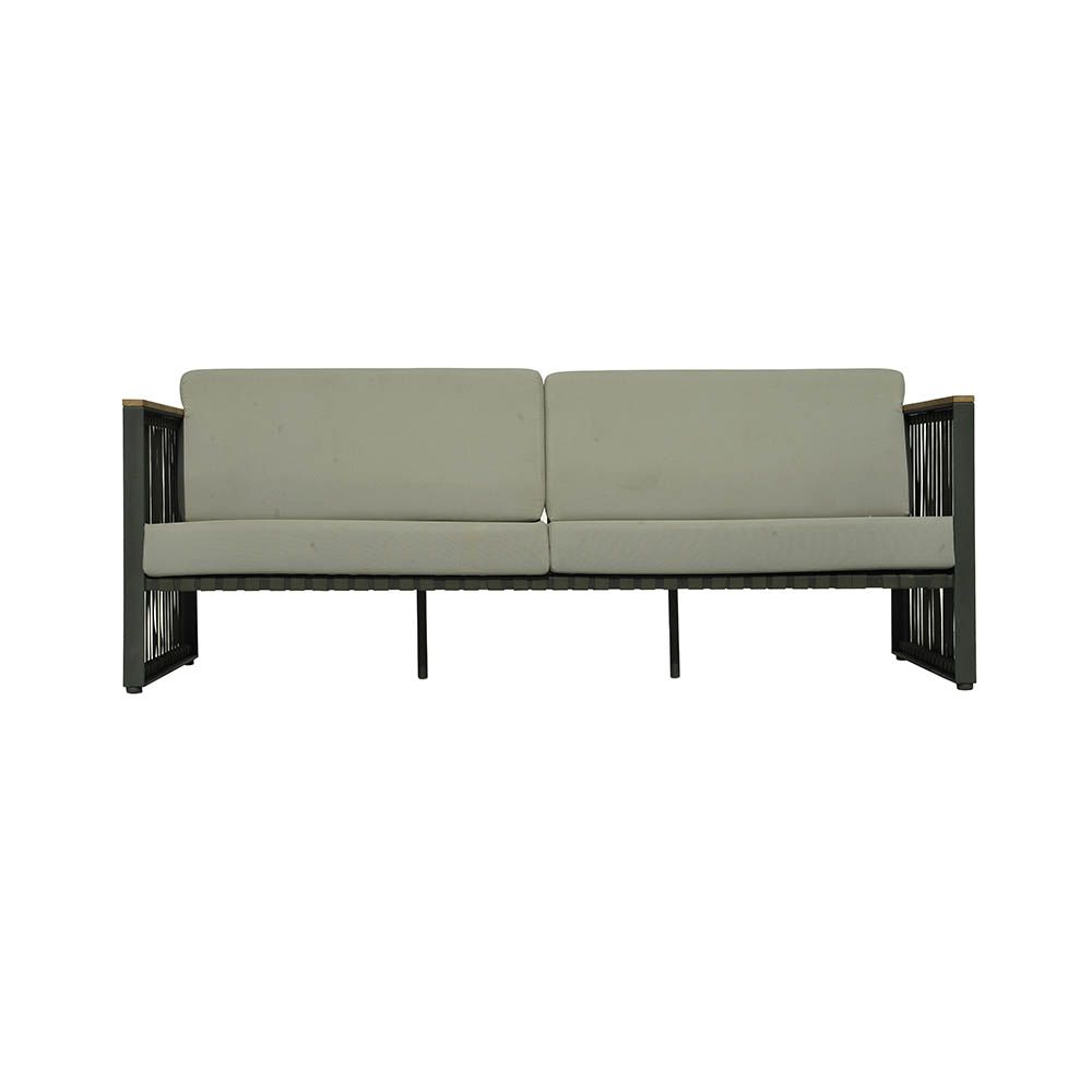 A luxury outdoor sofa from Willow's Outdoor collection with a bespoke sunbrella cushion upholstery and grey strapping