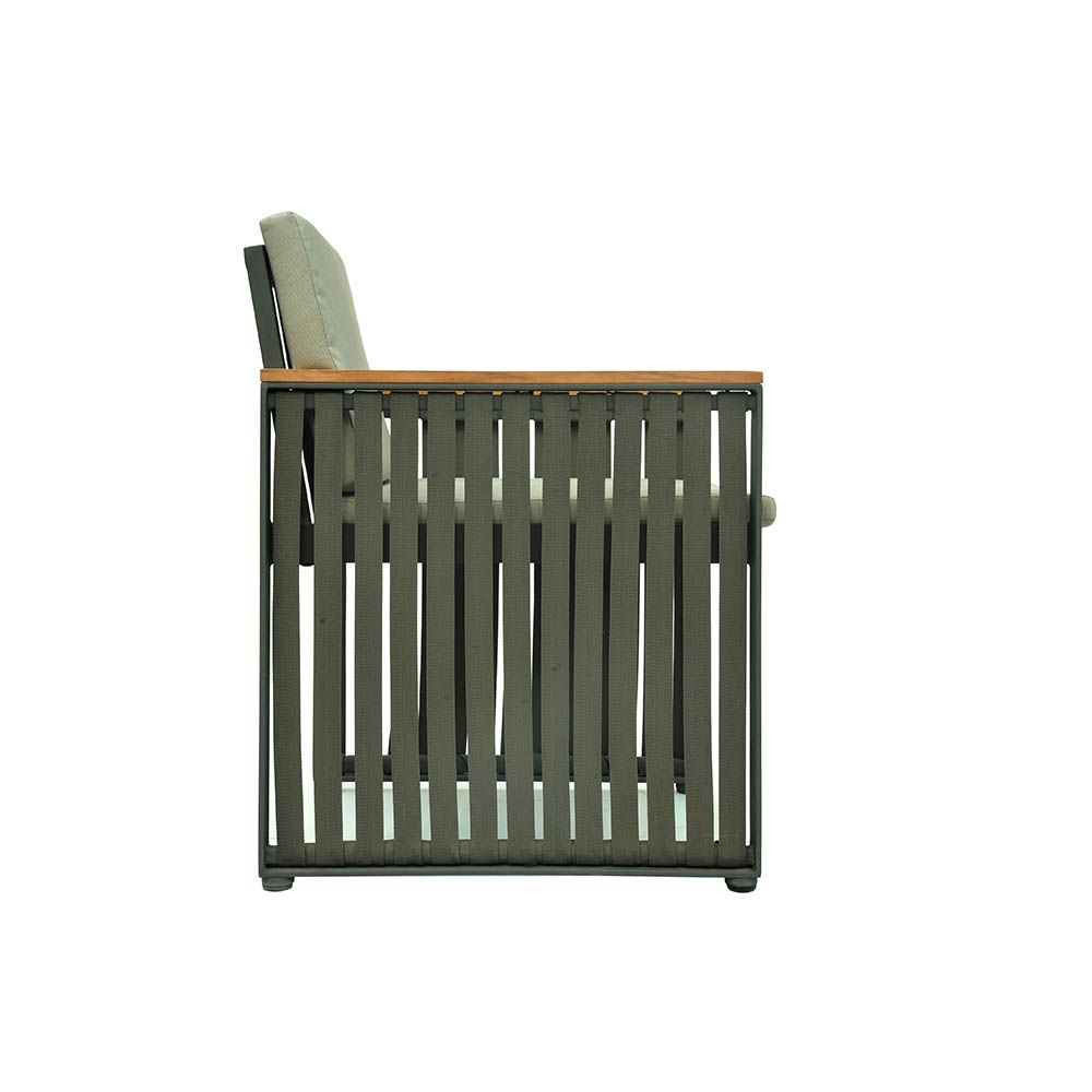 A stylish outdoor dining chair with grey strapping and bespoke sunbrella cushions 