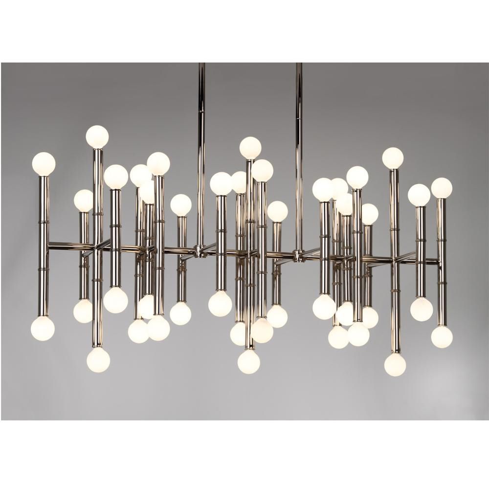 A chic chandelier with nickel bamboo stalks and globe bulbs