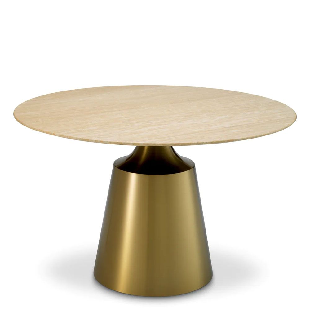 Gorgeous dining table with cylindrical brass base and travertine top