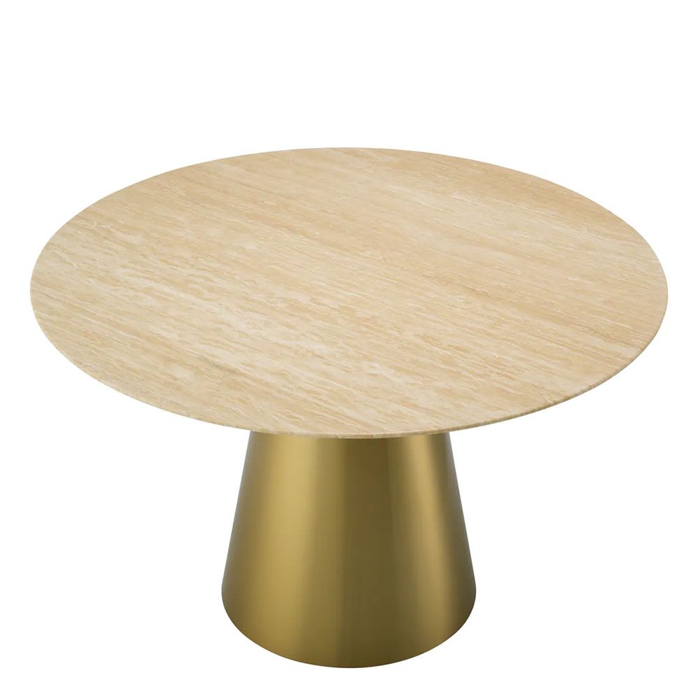 Gorgeous dining table with cylindrical brass base and travertine top
